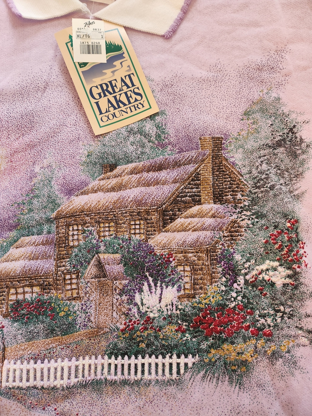 Vintage Deadstock Grannycore Lavender Crewneck Sweater with Cabin Print
